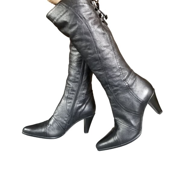 Black fur lined Italian Leather Tall boots with super adjustable calf size 7 - Picture 6 of 15